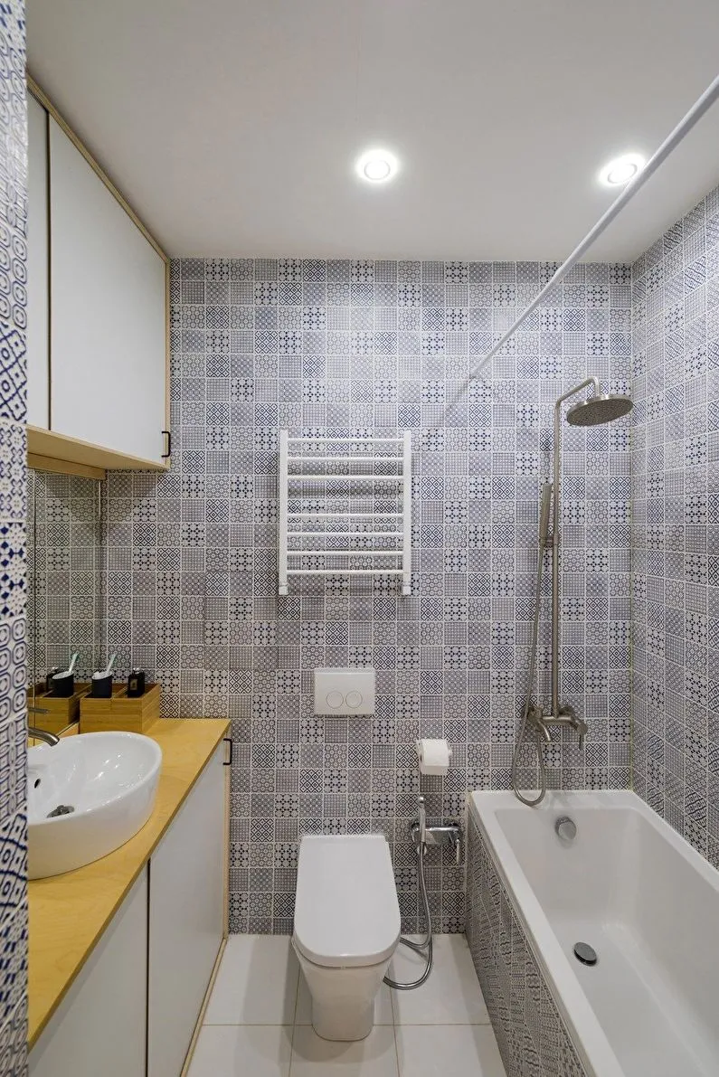 Планировка узкой ванной комнаты - 73 фото