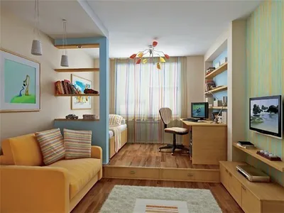 Дизайн однокомнатной квартиры с ребенком: планировка интерьера для семьи,  фото