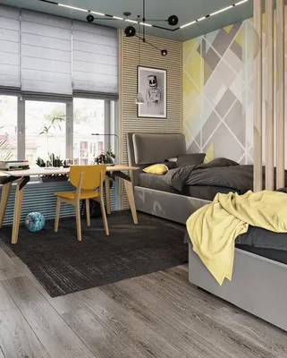 Дизайн комнаты подростка в серых тонах с желтой кроватью Brooklyn | SKDESIGN