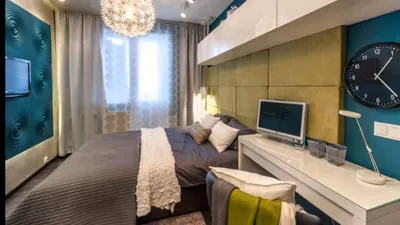 Спальня с рабочим кабинетом, дизайн комнаты с совмещением и зонированием  пространства, идеи оформления