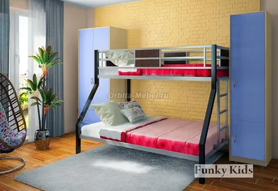 Детская двухъяруская металлическая кровать Фанки Лофт 2 с двумя шкафами  однодверным и двухдверным