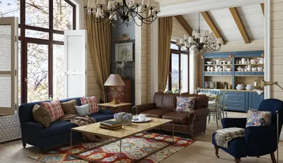 Гостиная в стиле кантри — отделка, цвет, мебель, текстиль