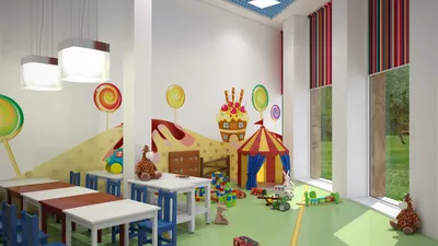 Дизайн детского сада: интерьер спальни, раздевалки, используем шторы