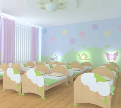 Дизайн детского сада: интерьер спальни, раздевалки, используем шторы