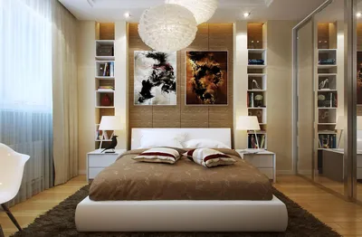 Дизайн спальни 14 кв.м в современном стиле, планировка прямоугольной  спальни-гостиной, как обставить комнату