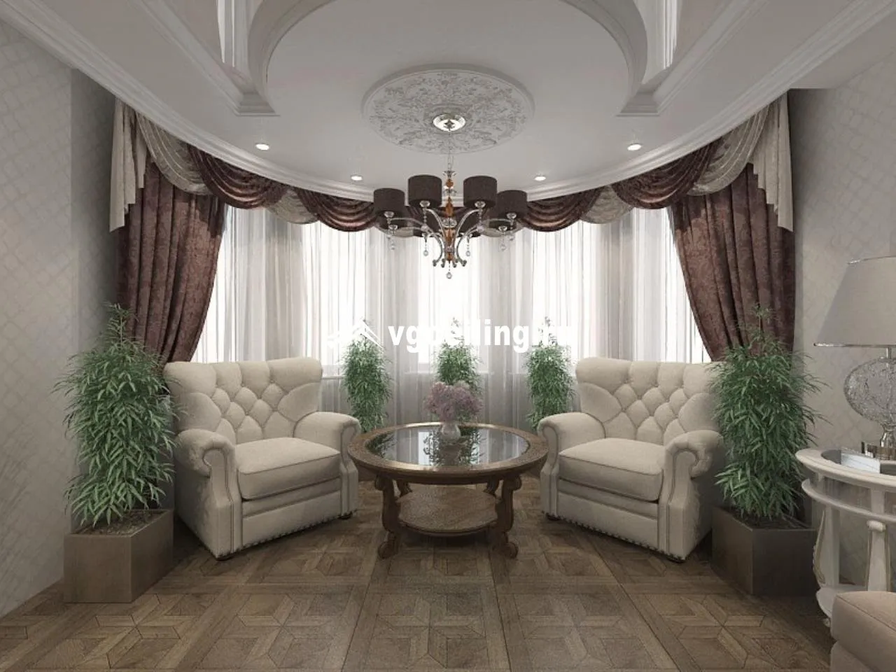 Дизайн интерьера: Гостиная с эркером и камином в доме