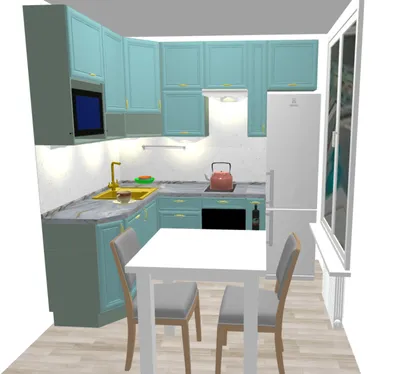 Проект угловой мятной кухни 5,6 кв м с холодильником и обеденной зоной » Дизайн  кухни (1000+ реальных фото) от 5 до 20 кв м — лучшие идеи интерьеров