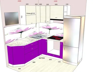 Угловая бело-фиолетовая кухня 2*2,2 м в 467 серию на заказ купить в Ижевске