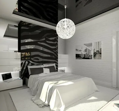 Интерьер гостиной и спальной комнат в чёрно-белых тонах.