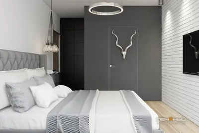 Cпальня в черно-белых тонах с белой кроватью Brooklyn Low: фото дизайн-проекта  от SKDESIGN