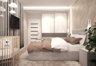 Проект трехкомнатной квартиры в современном стиле. Спальня с детской  кроваткой. Ламинат на стене. | Белые комнаты, Планировки спальни, Интерьеры  спальни