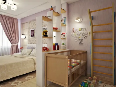 Планировка спальни с детской кроваткой - 70 фото