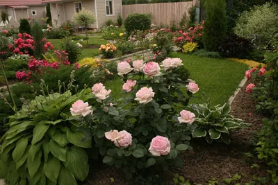 Пионы и розы на одной клумбе - 23 фото
