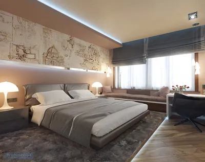Дизайн проект интерьера мужской спальни 16 кв.м. с гардеробной комнатой |  Студия Дениса Серова
