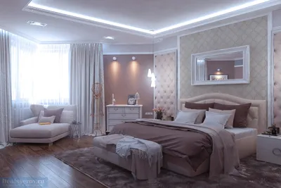 Спальная комната 20 кв. м в классическом стиле для супружеской пары средних  лет.