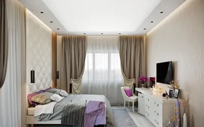 Дизайн спальни прямоугольной формы с балконом - 66 фото