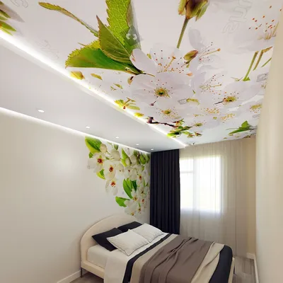 Натяжной потолок с рисунком в спальню - 74 фото