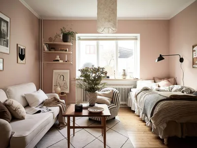 Компактная девичья квартира с розовой гостиной и зелёной ванной (30 кв. м)  〛 ◾ Фото ◾ Идеи ◾ Дизайн