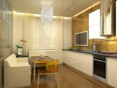 Дизайн кухни 14-15 кв. м с диваном