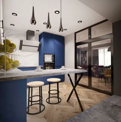 Просторная кухня 14 кв.м в синих тонах ➤ смотреть фото дизайна интерьера