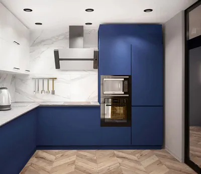 Просторная кухня 14 кв.м в синих тонах ➤ смотреть фото дизайна интерьера
