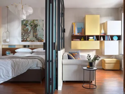 На 36 кв.м. - спальня, кухня, гостиная, гардеробная и красочный уютный  интерьер - Декорри