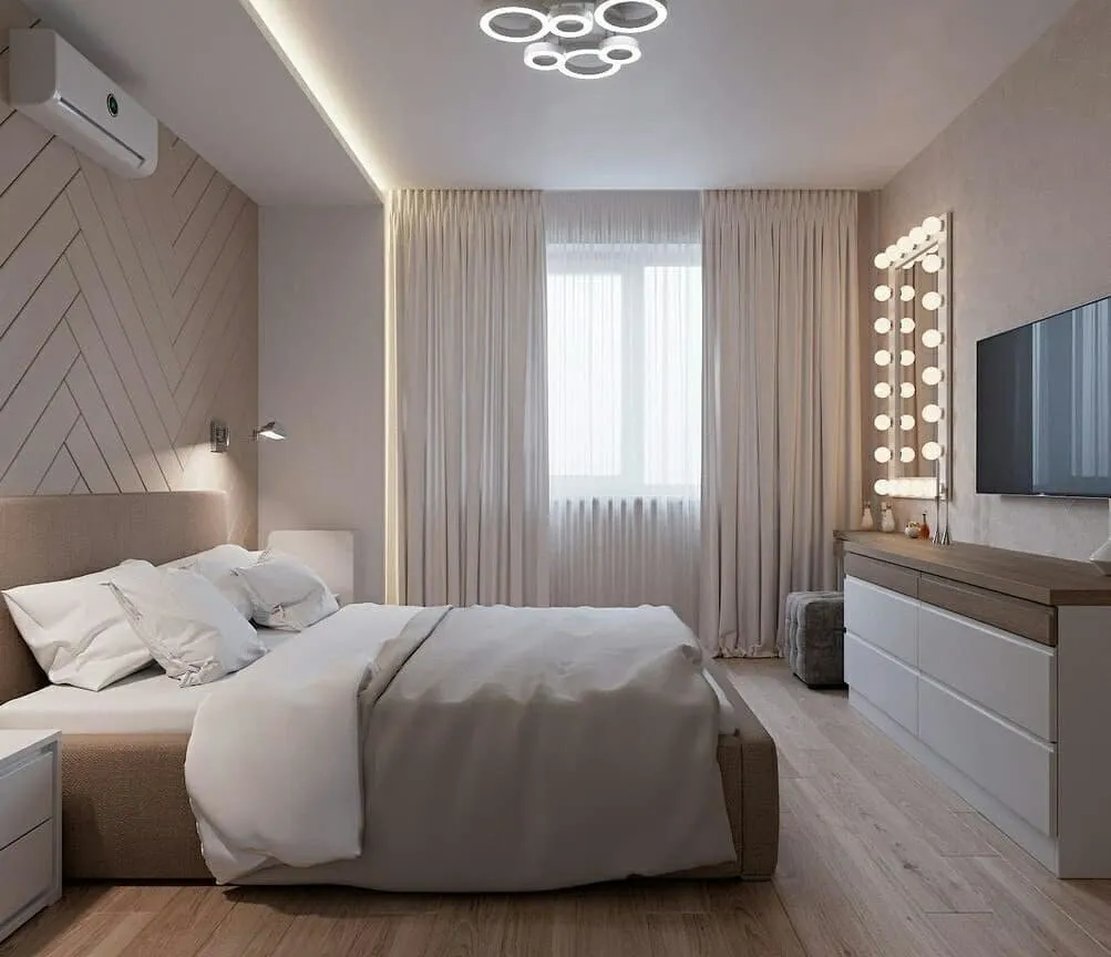 Дизайн прямоугольной комнаты спальни