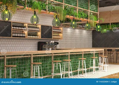 Современный дизайн бара в стиле просторной квартиры с зелеными цветами  визуализирование 3D интерьера кафа с счетчиком бара запачк Иллюстрация  штока - иллюстрации насчитывающей барбекю, антиквариаты: 116322604