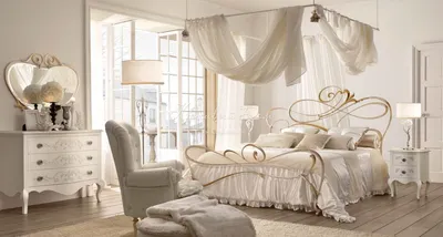 Спальня - vto/001. Белая спальня с кованой кроватью под балдахином от  фабрики Vittoria Orlandi