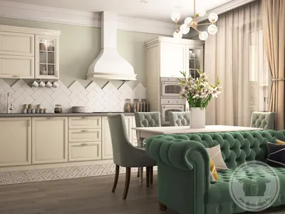 Дизайн кухни-гостиной с зеленым диваном. Kitchen design | Интерьер, Дизайн  кухни, Дизайн