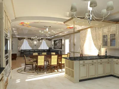 Дизайн интерьера: гостиная, совмещенная с кухней, зонирование гостиной,  кухня-столовая