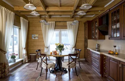 Кухня в деревянном доме с окном - 75 фото