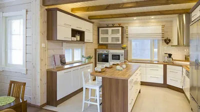 Кухни для деревянного дома - 64 фото