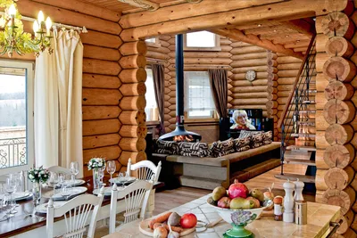 Фото интерьера столовой деревянного дома в стиле фьюжн Фото интерьера  гостиной деревянного дома в стиле фьюжн