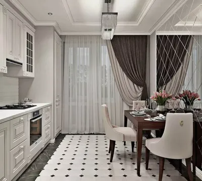 Неоклассика в интерьере кухни: реальные фото в квартире в белом цвете,  дизайн данного стиля, угловая кухня совмещенная с гостиной