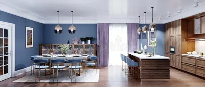Большая кухня со столовой, в стенах роскошного модного дизайна с коричневой  деревянной мебелью синего Иллюстрация штока - иллюстрации насчитывающей  канделябр, остров: 189195824