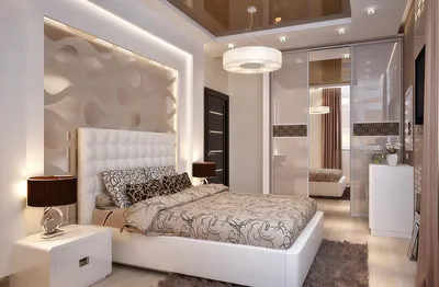 Дизайн спальни 16 кв.м в современном стиле с гардеробной, квадратная и  прямоугольная спальня