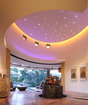 Дизайн интерьера выполнен в японском стиле, просторный холл без острых  углов с высоким потолком | Ceiling design, Ceiling lights, Hallway designs