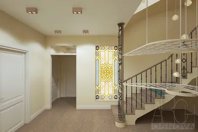 Холл с яркой лестницей | Архитектурно-дизайнерское бюро «АрхОснова»