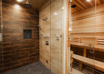Дизайн помещения с купелью и душевой в деревянной бане