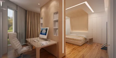 Спальня кабинет в одной комнате 12 метров с рабочей зоной, дизайн интерьера  совмещенной маленькой комнаты с письменным столом, зонирование гостиной
