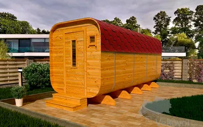 Баня-бочка из кедра Т-образной формы 9х3 метра с душем и туалетом по цене  1830000 рублей