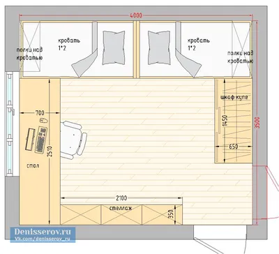 Планировка детской комнаты 14 кв.м. для двоих детей | Студия Дениса Серова