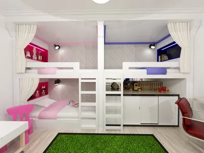≡ ➤ Дизайн детской спальни с практичными рабочими зонами для 3 детей ⋆  Фабрика мебели «Mamka™» ᐈ Эксперт детского пространства
