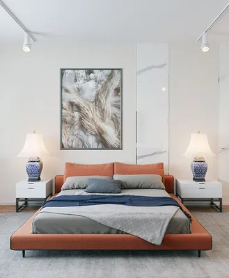 спальня в современном стиле, теплые цвета, оранжевая кровать | Интерьеры  спальни, Голубые интерьеры, Идеи для мебели