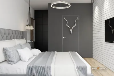Дизайн интерьера спальни в трёхкомнатной квартире в стиле минимализм.  Серый, белый, чёрный, коричневый, дерев… | Спальня с рабочим местом,  Интерьеры спальни, Дизайн