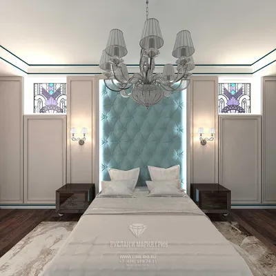 Современные идеи дизайна бирюзовой спальни в стиле арт-деко. Фото 2017