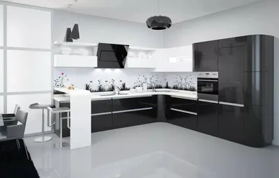 Бело-черная кухня матовый Феникс с мини-баром в подсветке
