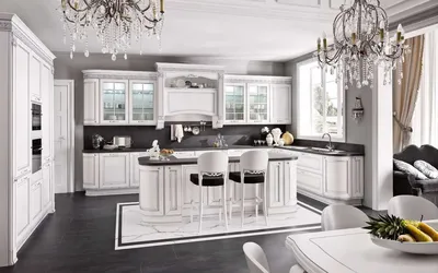 Белая кухня с черным холодильником - 68 фото