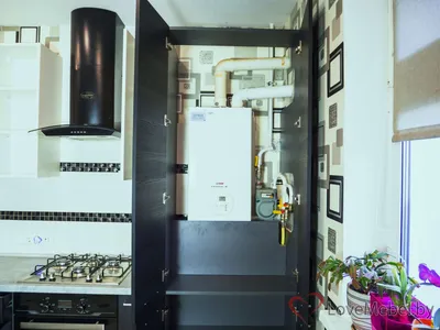 Черно белая кухня c фасадами из ЛДСП Egger, с газовым котлом